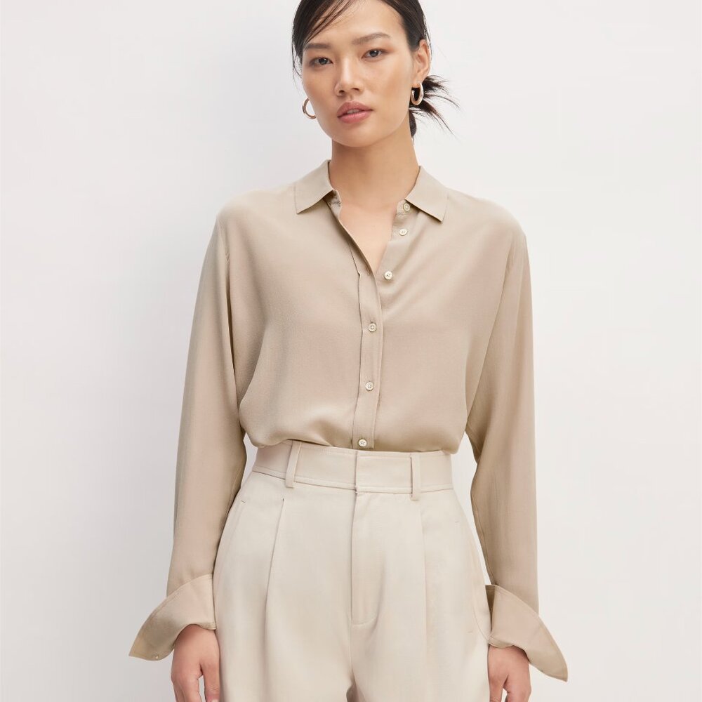Everlane Washable Clean Silk Relaxed Shirt in Burnt Sugar, size 14